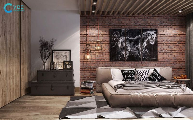 Phòng ngủ ốp gạch giả gạch viên thô sơ, mộc mạc