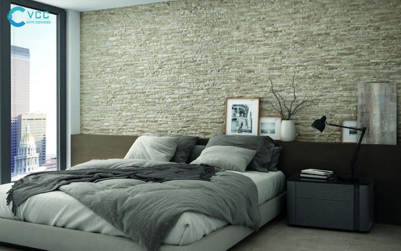 Phòng ngủ hiện đại có tường ốp gạch giả gạch viên