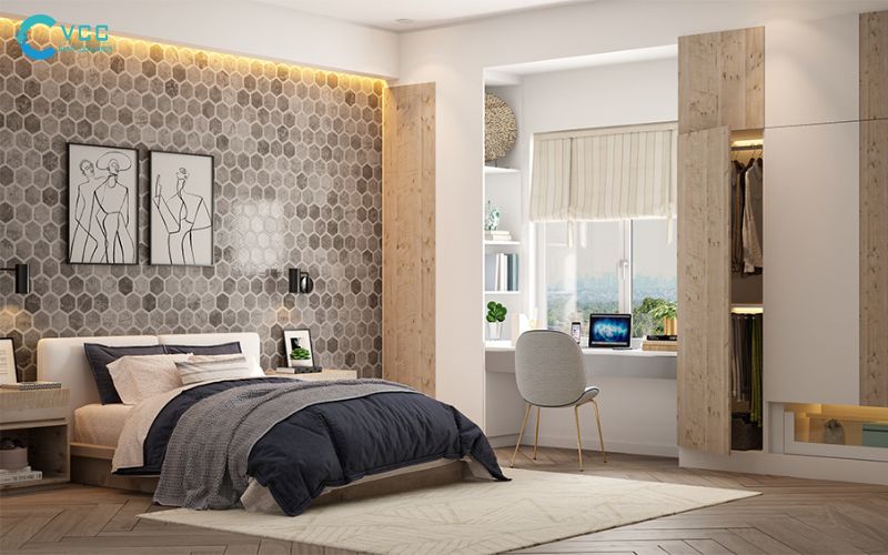 Gạch ốp tường có họa tiết độc đáo, làm nổi bật cả căn phòng