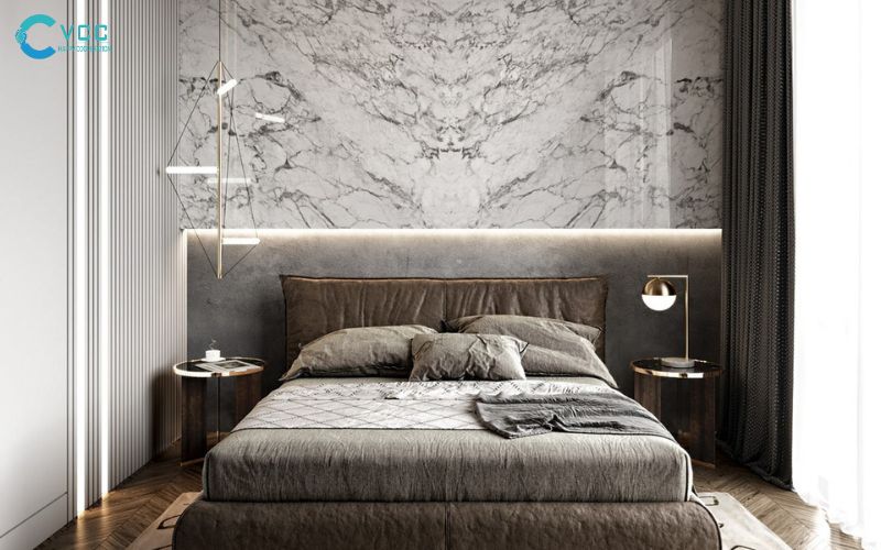 Mẫu phòng ngủ hiện đại với gạch ốp tường vân đá