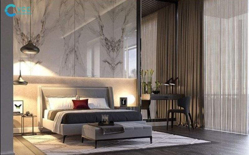 Gạch vân đá màu trắng đem lại cảm giác nhã nhặn cho phòng ngủ
