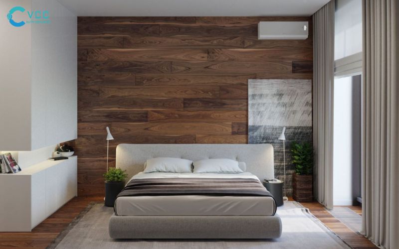 Ốp tường phòng ngủ bằng gạch giả gỗ đem lại cảm giác ấm áp